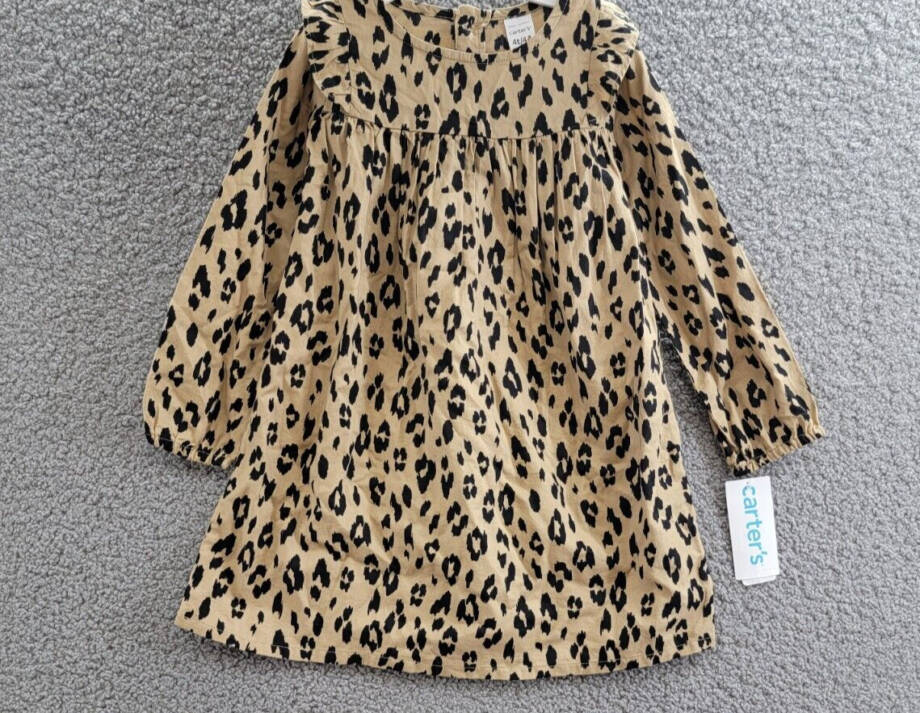 Carter's Leopard Long Sleeve Twill Dress Toddler Girls 4T Brown Button Back