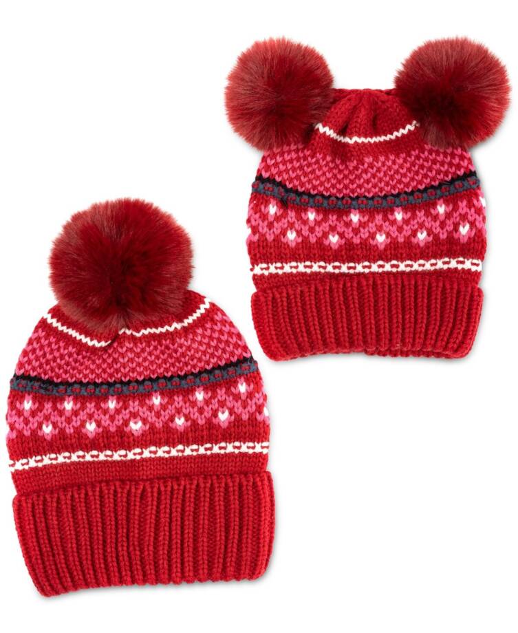 Charter Club Mommy & Me Fair Isle Beanies Set Women's Red Multi Pom Pom Details