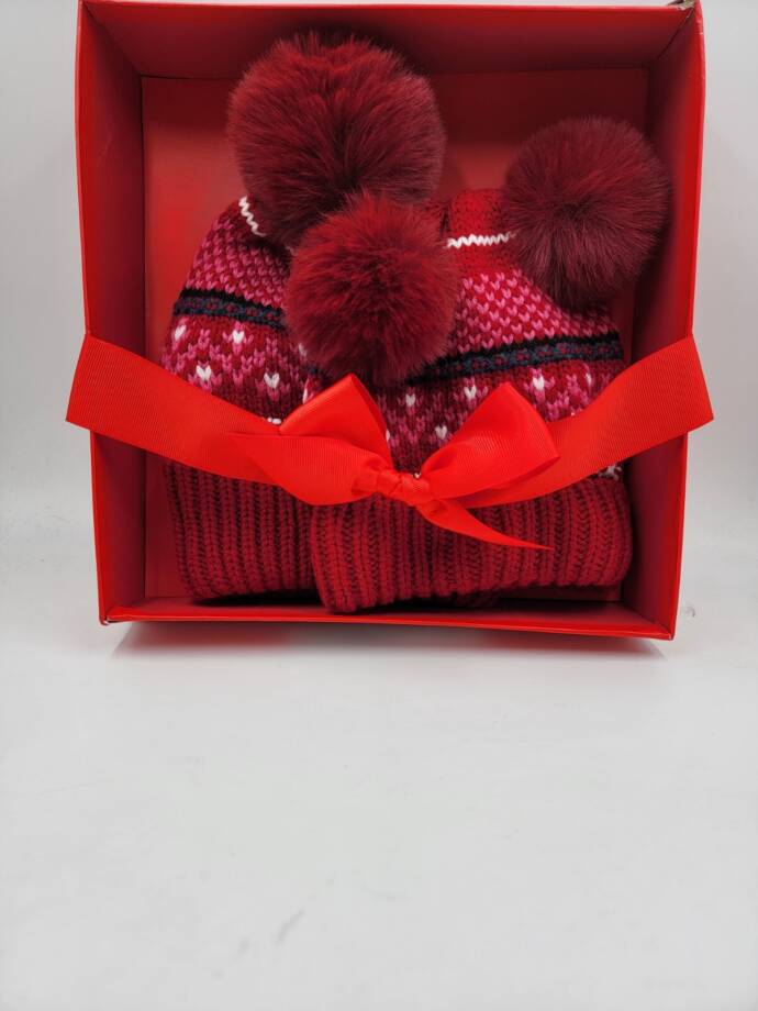 Charter Club Mommy & Me Fair Isle Beanies Set Women's Red Multi Pom Pom Details