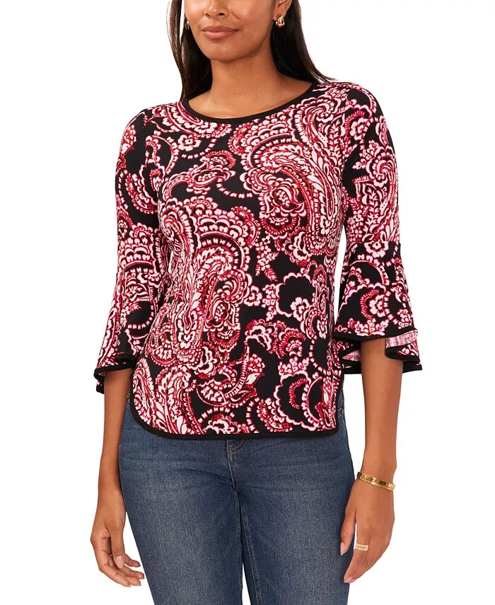 Sam And Jess Contrast-Trim Bell-Sleeve Top Women's XL Black Red Paisley Pullover