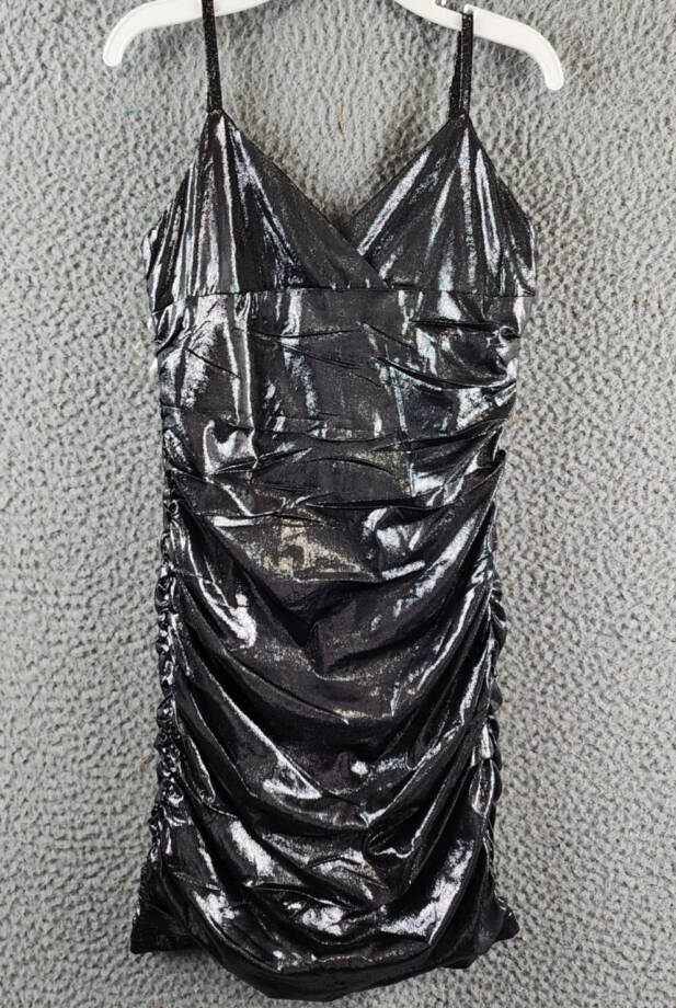 With Jules Metallic Ruched Mini Dress Big Girls M Black Surplice Neck Back Zip