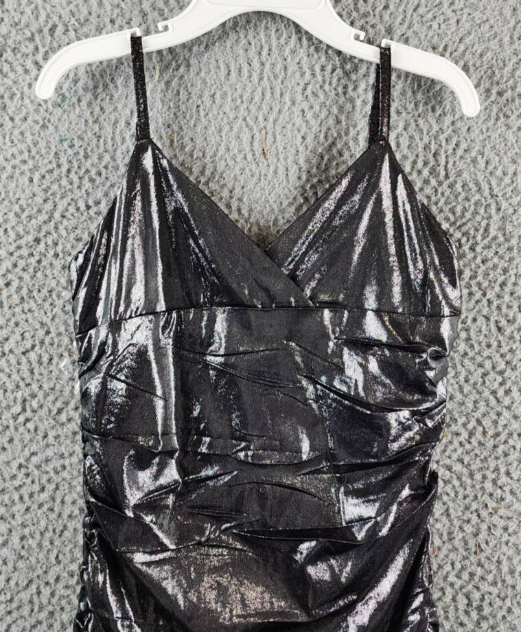 With Jules Metallic Ruched Mini Dress Big Girls M Black Surplice Neck Back Zip