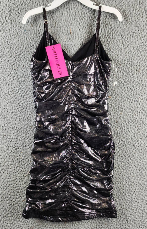 With Jules Metallic Ruched Mini Dress Big Girls M Black Surplice Neck Back Zip
