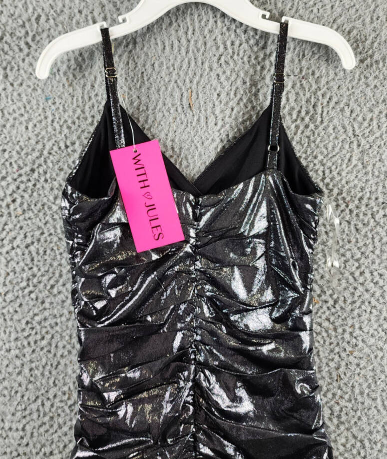 With Jules Metallic Ruched Mini Dress Big Girls M Black Surplice Neck Back Zip