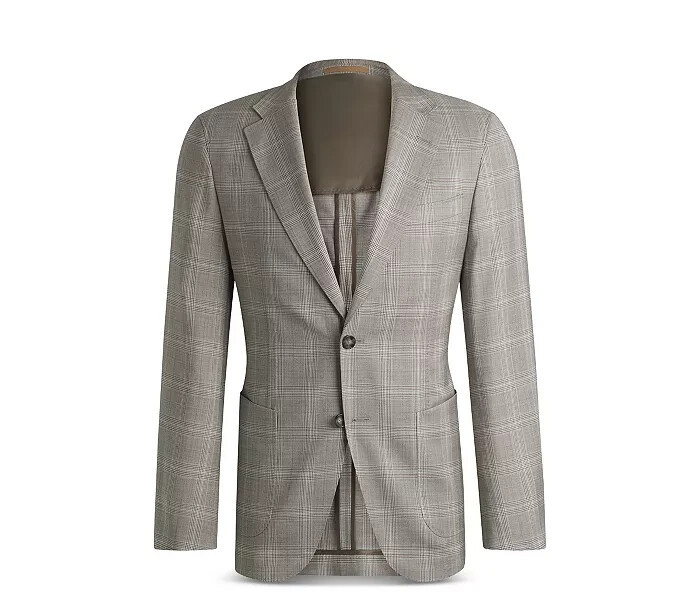 BOSS Camel Heston Slim Fit Coat Men's 40R Gray Plaid Notch Lapel Button Cuffs