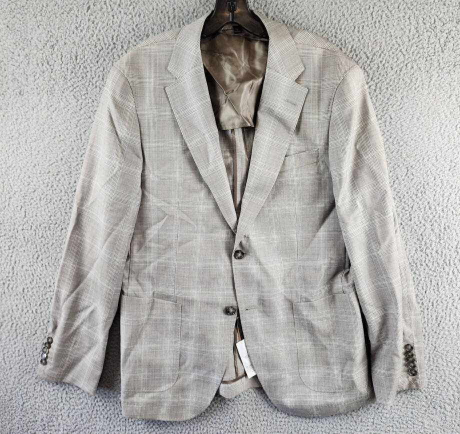BOSS Camel Heston Slim Fit Coat Men's 40R Gray Plaid Notch Lapel Button Cuffs