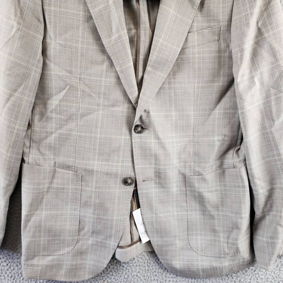 BOSS Camel Heston Slim Fit Coat Men's 40R Gray Plaid Notch Lapel Button Cuffs