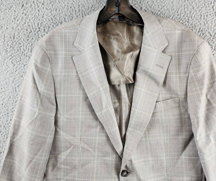 BOSS Camel Heston Slim Fit Coat Men's 40R Gray Plaid Notch Lapel Button Cuffs