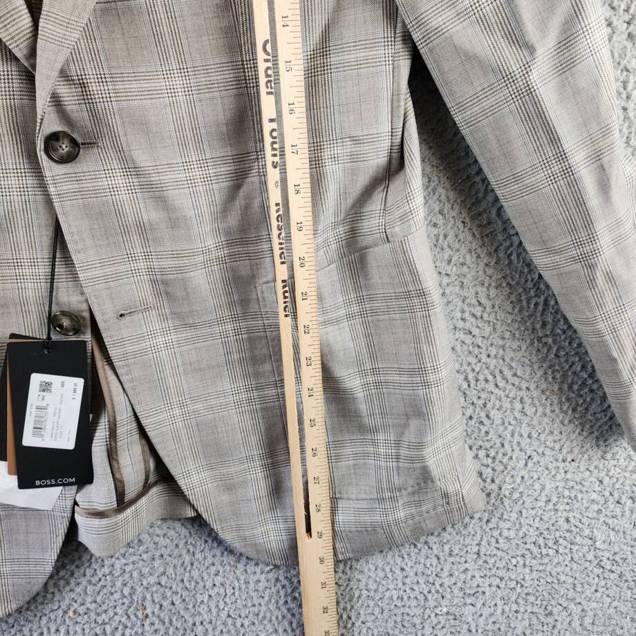 BOSS Camel Heston Slim Fit Coat Men's 40R Gray Plaid Notch Lapel Button Cuffs