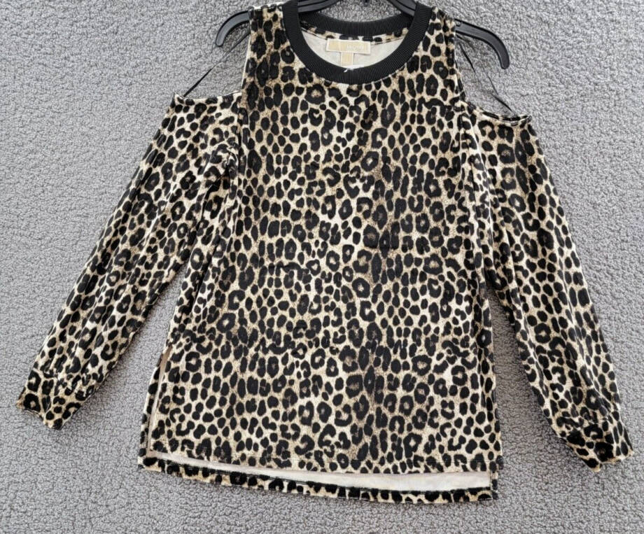 Michael Michael Kors Cheetah Cold-Shoulder Top Women's S Dark Camel Pullover L/S