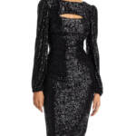 AQUA Formal Sequined Keyhole Sheath Dress Women's 8 Black Boat Neck Long Sleeve~