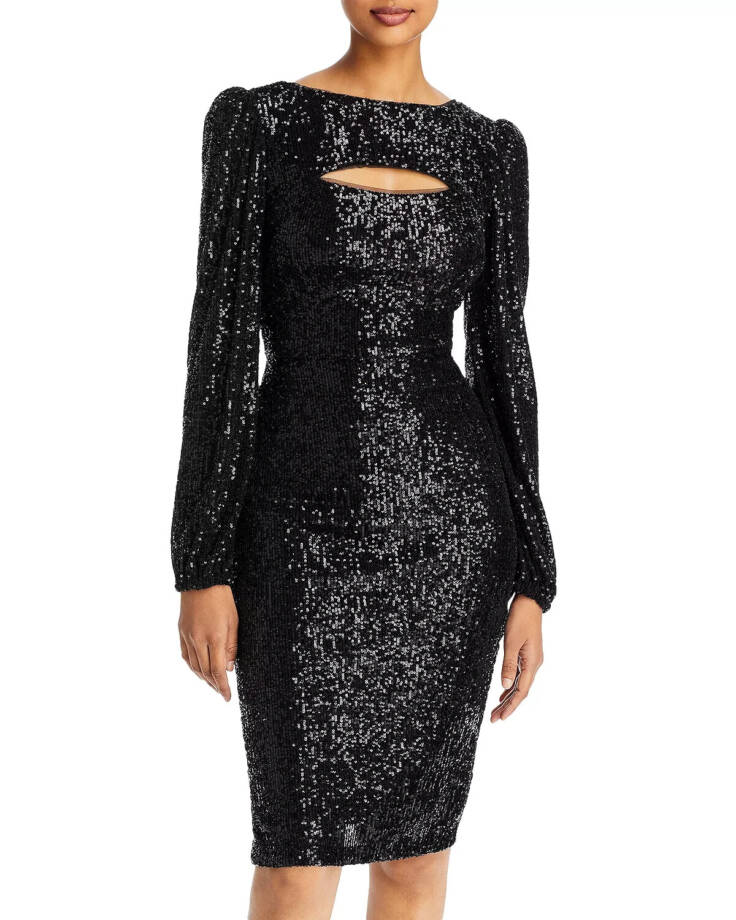 AQUA Formal Sequined Keyhole Sheath Dress Women's 8 Black Boat Neck Long Sleeve~