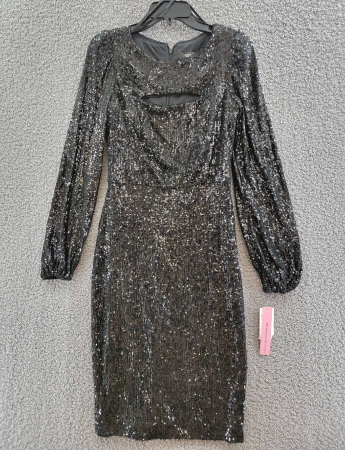AQUA Formal Sequined Keyhole Sheath Dress Women's 8 Black Boat Neck Long Sleeve~