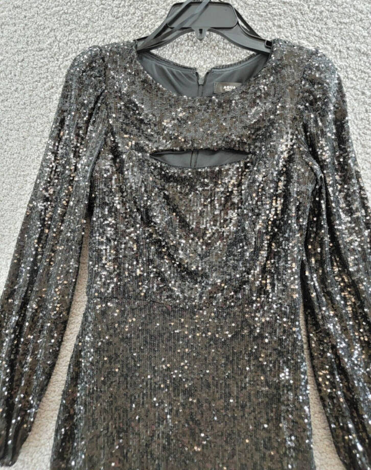 AQUA Formal Sequined Keyhole Sheath Dress Women's 8 Black Boat Neck Long Sleeve~