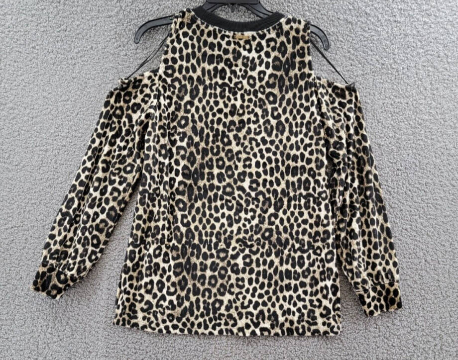 Michael Michael Kors Cheetah Cold-Shoulder Top Women's S Dark Camel Pullover L/S
