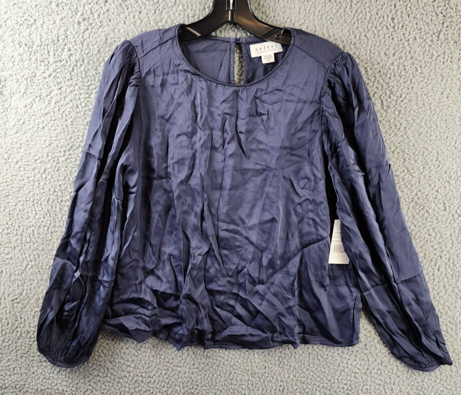 Velvet by Graham & Spencer Leila Pleated Sleeve Top Women's XS Steel Long Sleeve