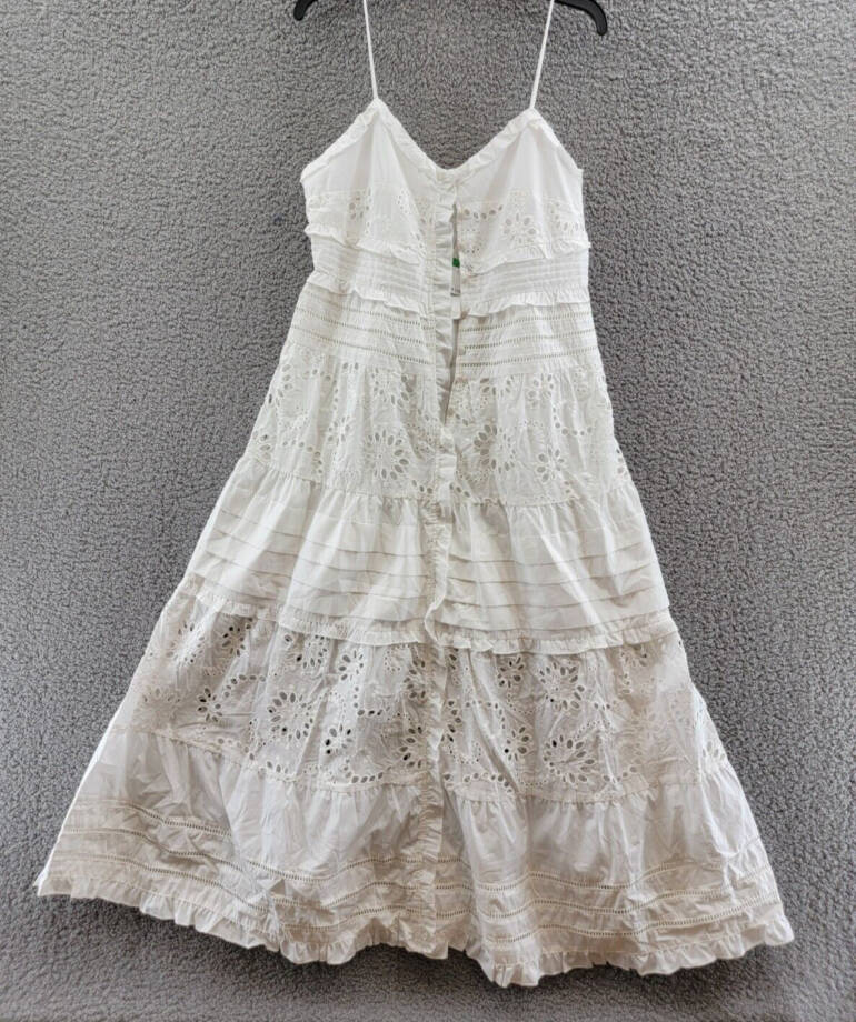 Line & Dot Pixie Eyelet Maxi Dress Women's L White V-Neck Pleated Button Closure