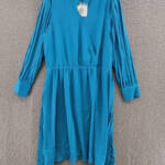 Anne Klein Pleated Long Sleeve Wrap Dress Women's XL Teal Ocean Belted V-Neck
