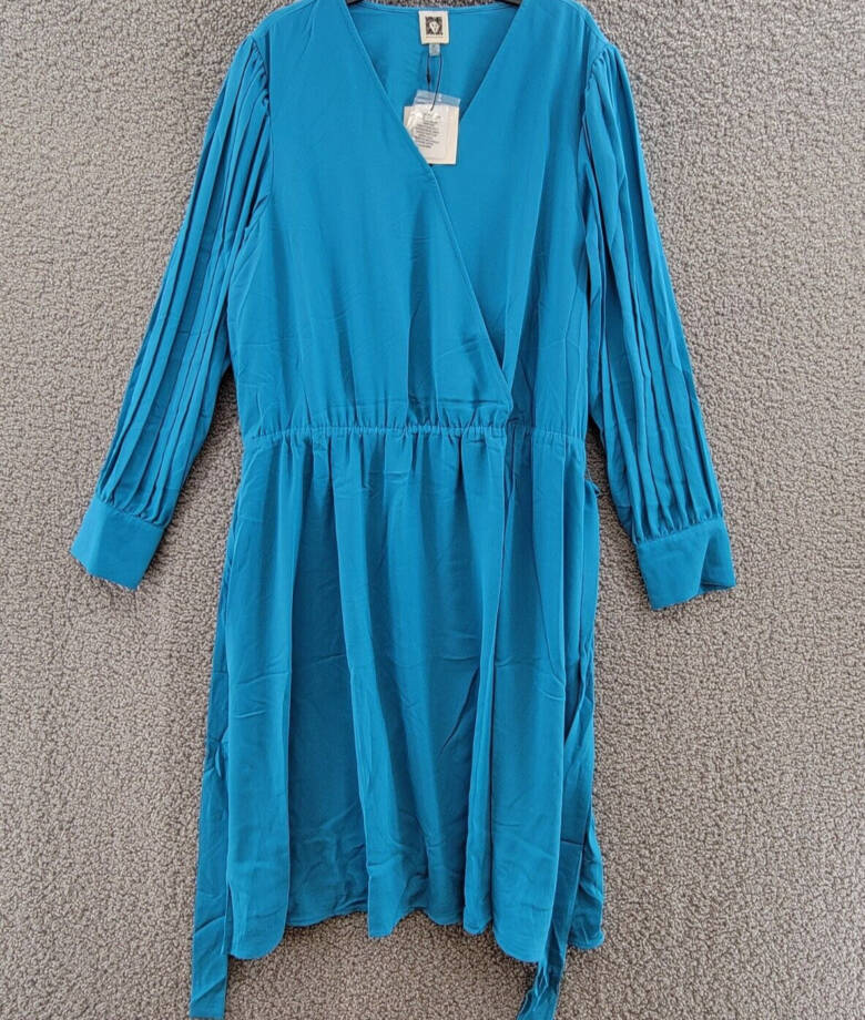 Anne Klein Pleated Long Sleeve Wrap Dress Women's XL Teal Ocean Belted V-Neck