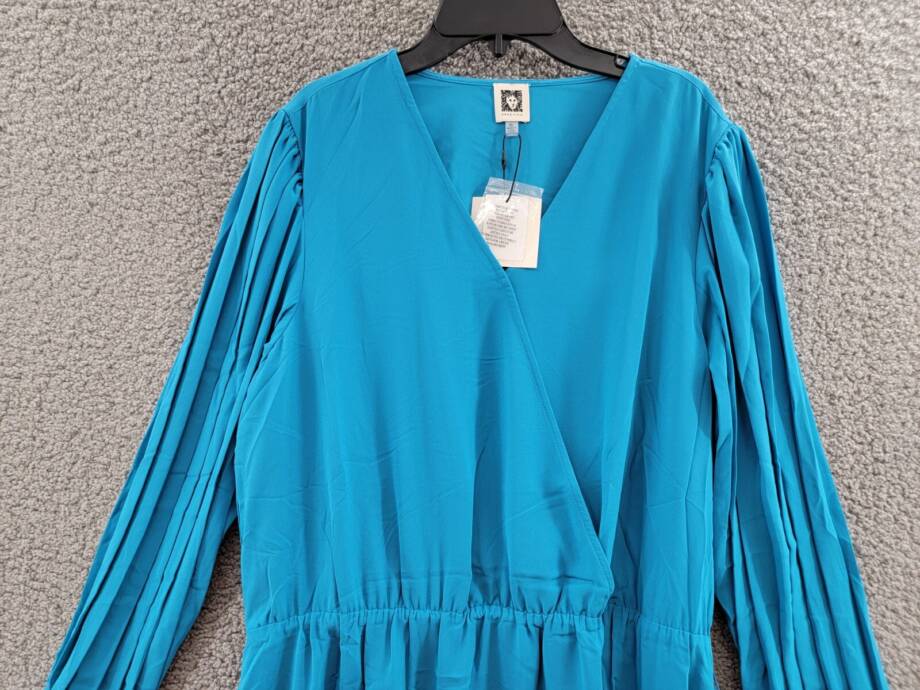 Anne Klein Pleated Long Sleeve Wrap Dress Women's XL Teal Ocean Belted V-Neck