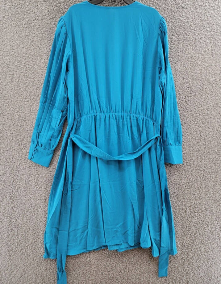 Anne Klein Pleated Long Sleeve Wrap Dress Women's XL Teal Ocean Belted V-Neck