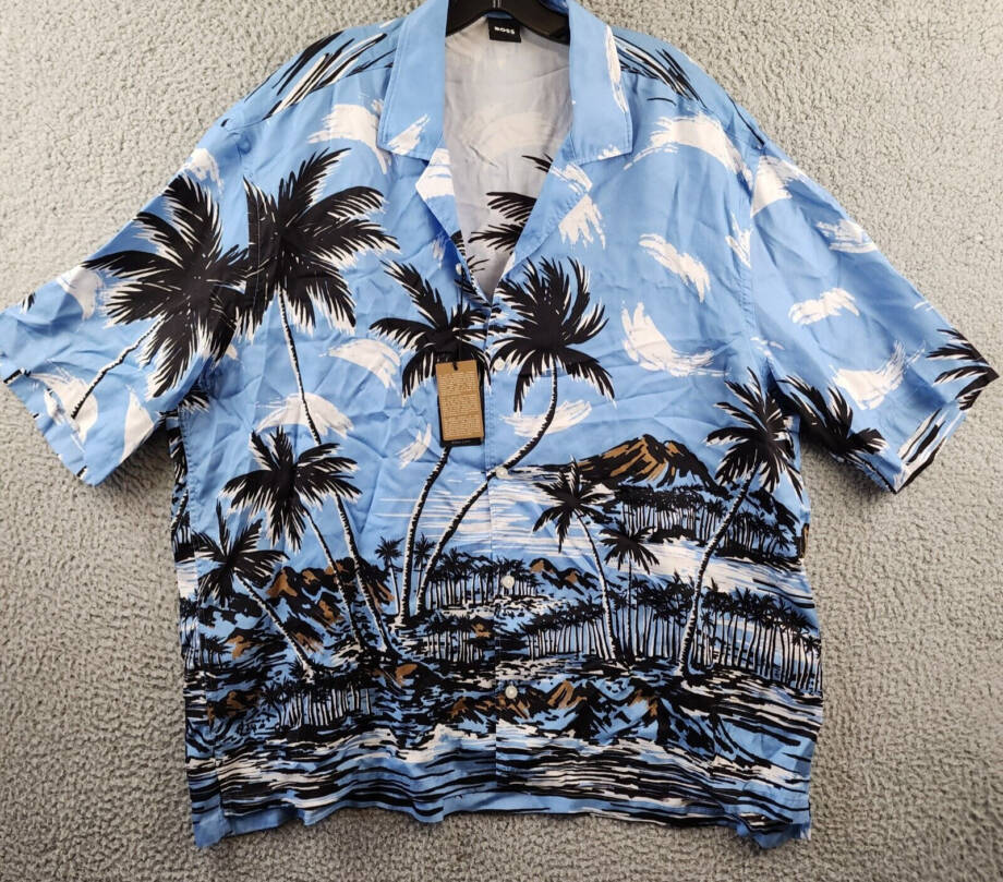BOSS Lars Tropical Print Button-up Camp Shirt Men's XXL Blue Multi Short Sleeve