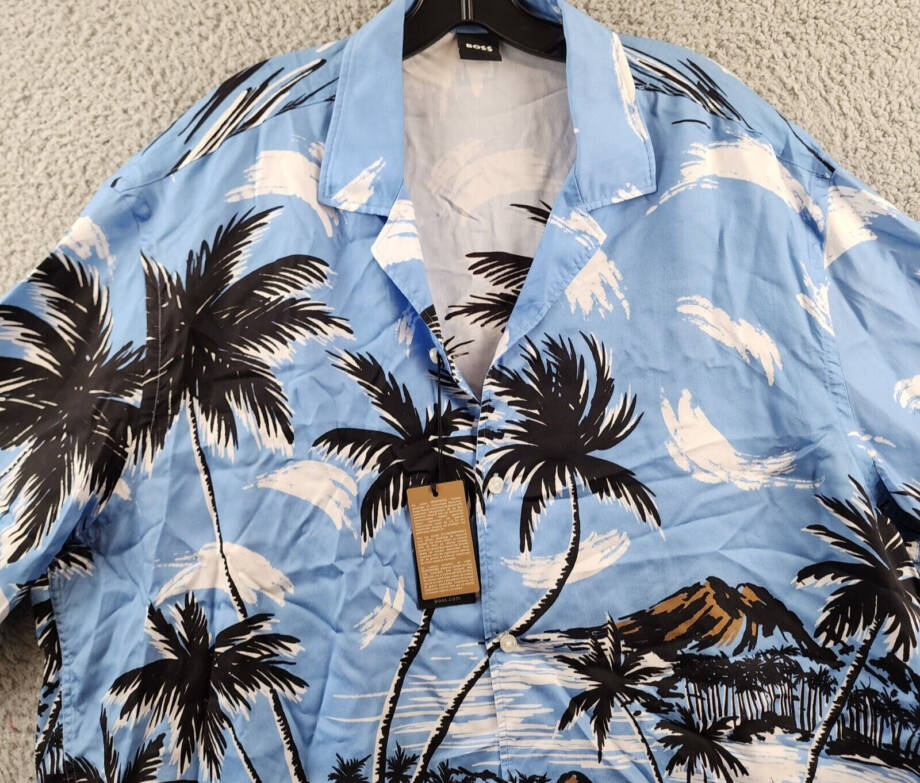 BOSS Lars Tropical Print Button-up Camp Shirt Men's XXL Blue Multi Short Sleeve