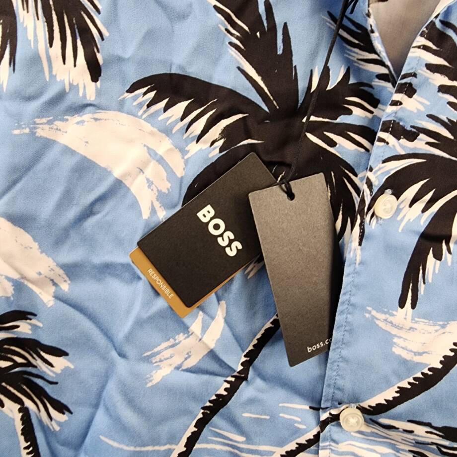 BOSS Lars Tropical Print Button-up Camp Shirt Men's XXL Blue Multi Short Sleeve