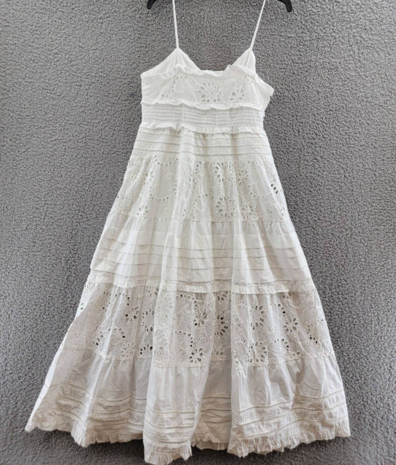 Line & Dot Pixie Eyelet Maxi Dress Women's L White V-Neck Pleated Button Closure