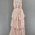 WAYF Jaci Tiered Midi Dress Women's XS Ivory Roses Cutout Knot Detail Sleeveless