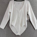 Good American Snap Front Henley Bodysuit Top Women's 5 White Scoop Neck L/S