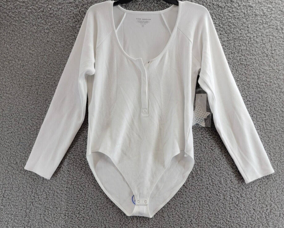 Good American Snap Front Henley Bodysuit Top Women's 5 White Scoop Neck L/S
