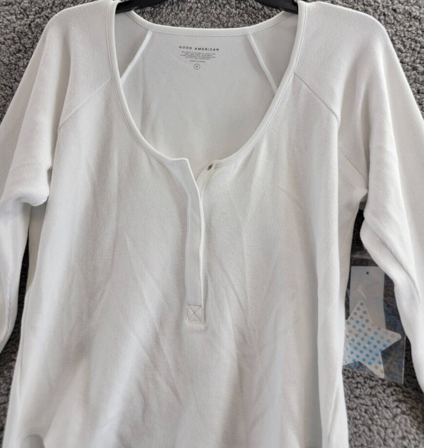 Good American Snap Front Henley Bodysuit Top Women's 5 White Scoop Neck L/S