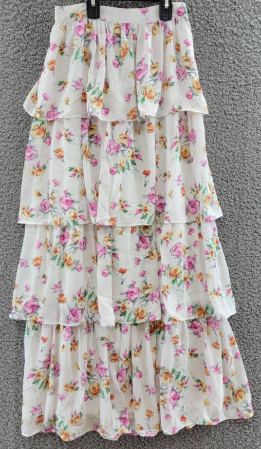 WAYF Seanna Printed Tiered Maxi Skirt Women's XS Ivory Floral Side Slit Lined