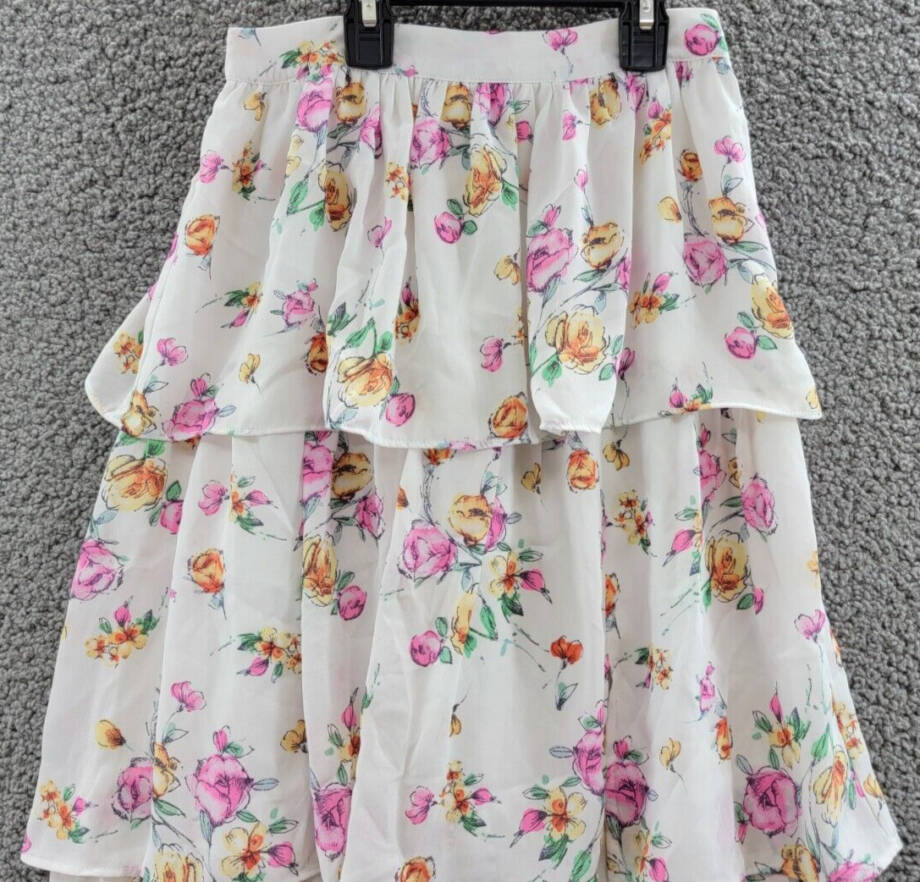 WAYF Seanna Printed Tiered Maxi Skirt Women's XS Ivory Floral Side Slit Lined