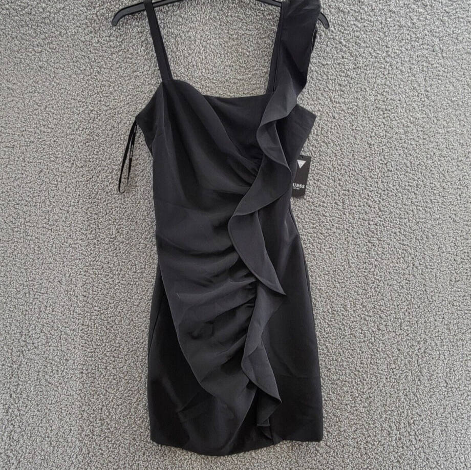 GUESS Ruffled Bodycon Dress Women's 4 Black Solid Straight Neck Back Zip Closure