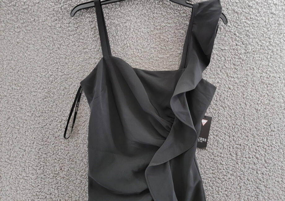 GUESS Ruffled Bodycon Dress Women's 4 Black Solid Straight Neck Back Zip Closure