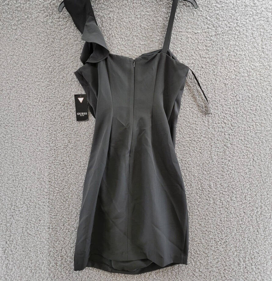 GUESS Ruffled Bodycon Dress Women's 4 Black Solid Straight Neck Back Zip Closure