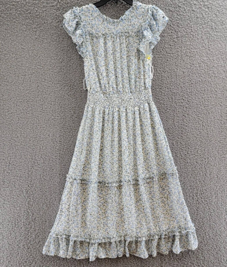 CeCe Smocked-Waist Midi Dress Women's S New Ivory Multi Button Back Closure S/S