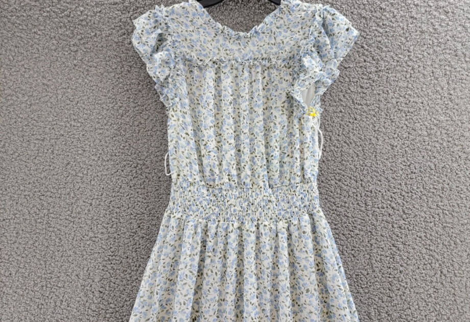 CeCe Smocked-Waist Midi Dress Women's S New Ivory Multi Button Back Closure S/S