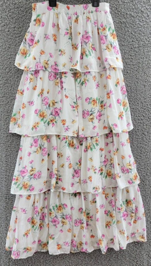 WAYF Seanna Printed Tiered Maxi Skirt Women's XS Ivory Floral Side Slit Lined