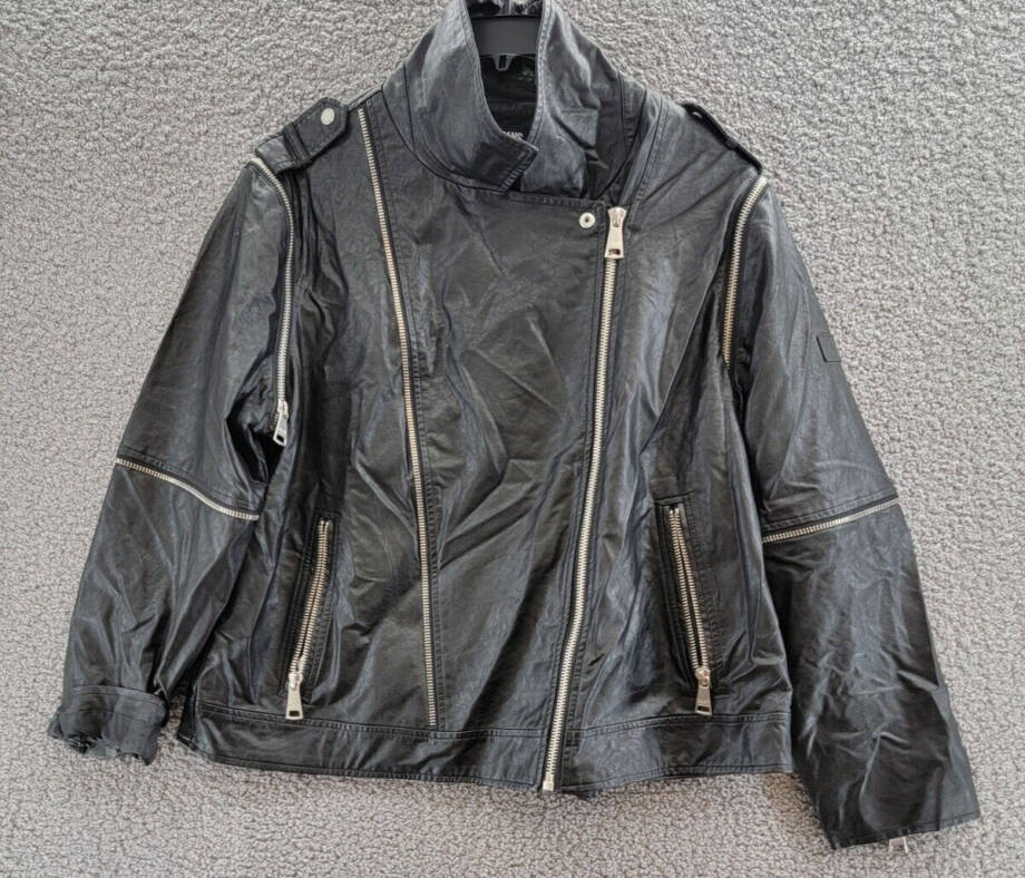DKNY Jeans Faux-Leather Zip-Detail Moto Jacket Women's XL Black Zip Closure L/S