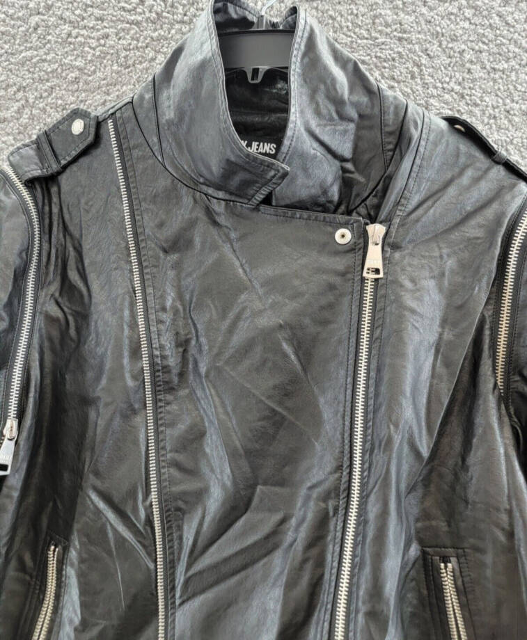 DKNY Jeans Faux-Leather Zip-Detail Moto Jacket Women's XL Black Zip Closure L/S