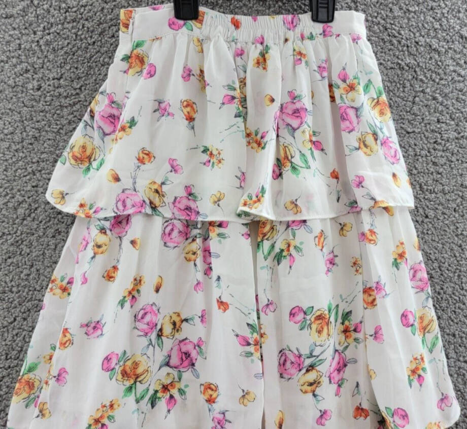 WAYF Seanna Printed Tiered Maxi Skirt Women's XS Ivory Floral Side Slit Lined