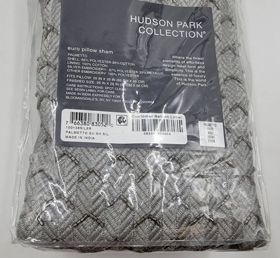 Hudson Park Collection Palmetto Cotton Silk European Pillow Sham 26x26in Silver~