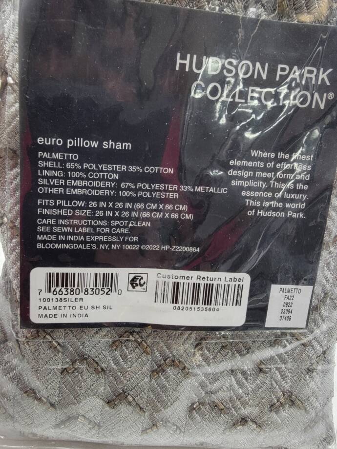 Hudson Park Collection Palmetto Cotton Silk European Pillow Sham 26x26in Silver~