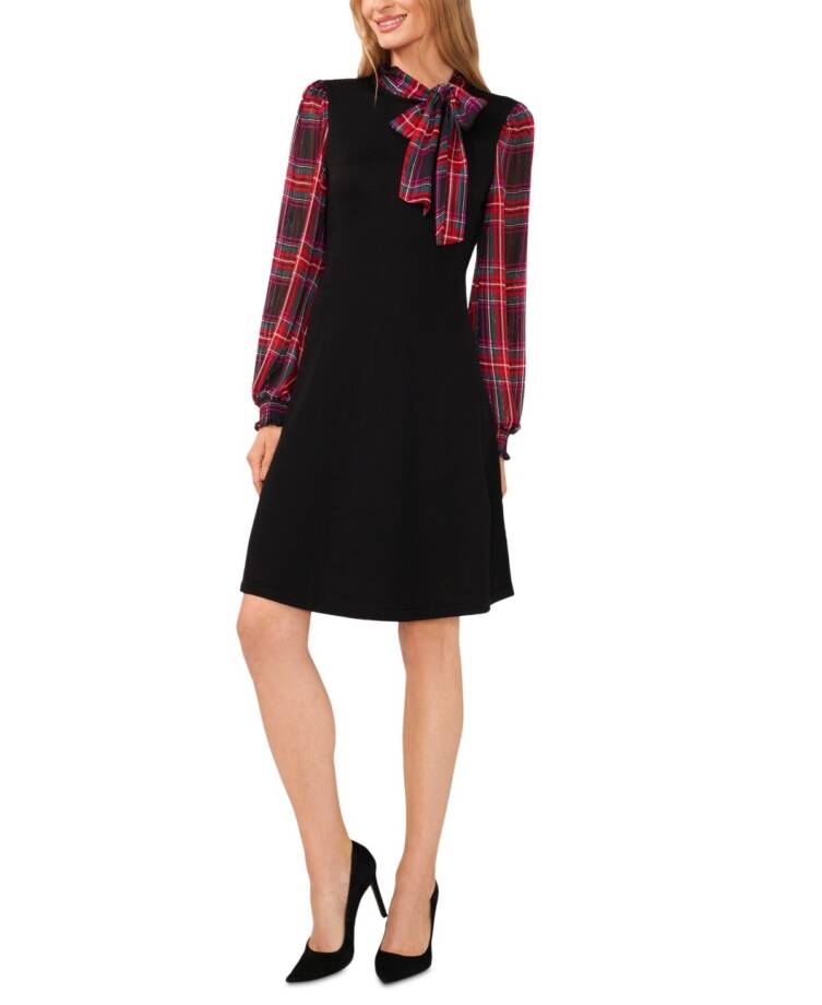 CeCe Tartan Bow Tie-Neck & Sleeve Sweater Dress Women's XL Black Multi L/S