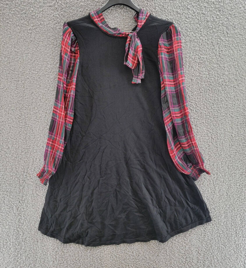 CeCe Tartan Bow Tie-Neck & Sleeve Sweater Dress Women's XL Black Multi L/S