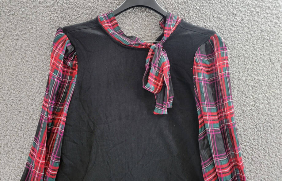 CeCe Tartan Bow Tie-Neck & Sleeve Sweater Dress Women's XL Black Multi L/S