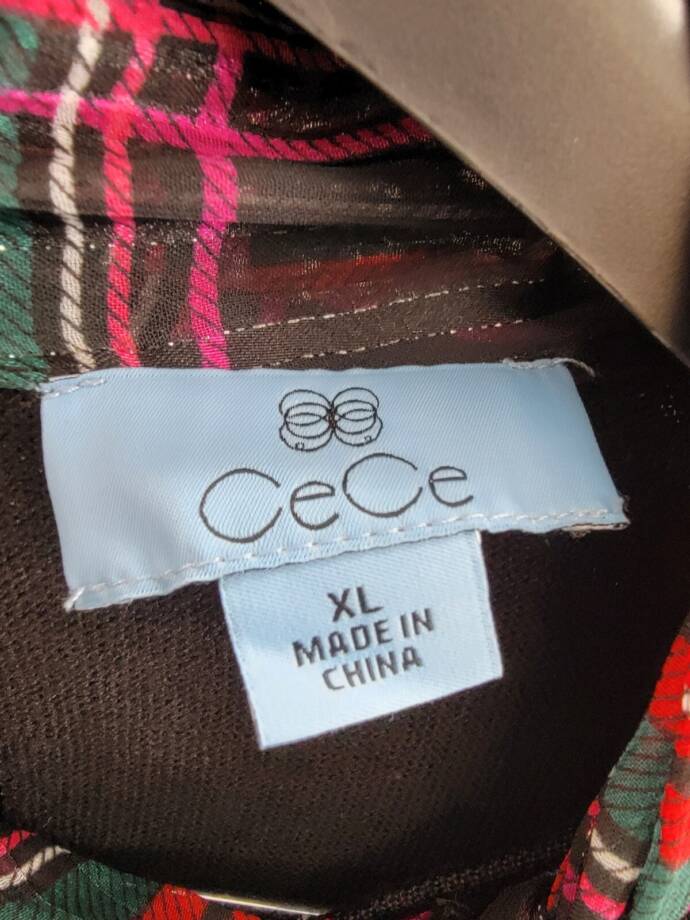 CeCe Tartan Bow Tie-Neck & Sleeve Sweater Dress Women's XL Black Multi L/S